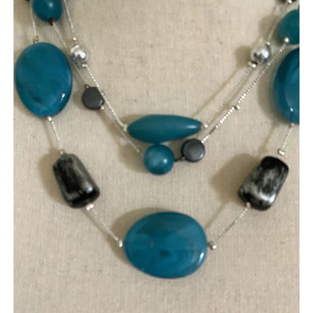 NY Chunky Teal Blue Beaded Statement Necklace Silver Tone Three Strand Fairy
